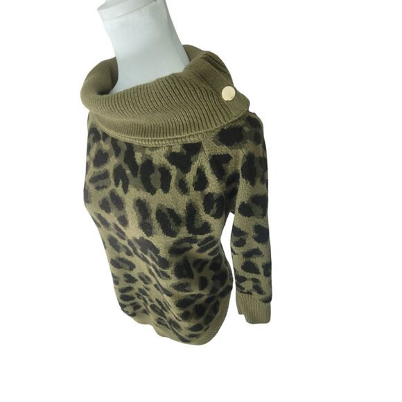 89th & Madison Cheetah Print Olive Green Black Cowl Neck Sweater Small Petite - Picture 1 of 10